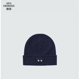 Anya Hindmarch Uniqlo collab navy 100% cashmere knitted beanie hat tuque NWT